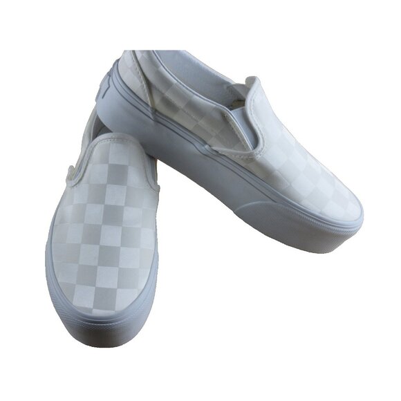 Vans Women's Classic Slip On Stackform Satin Check White Platform Shoes Size 7.5 - Picture 4 of 7